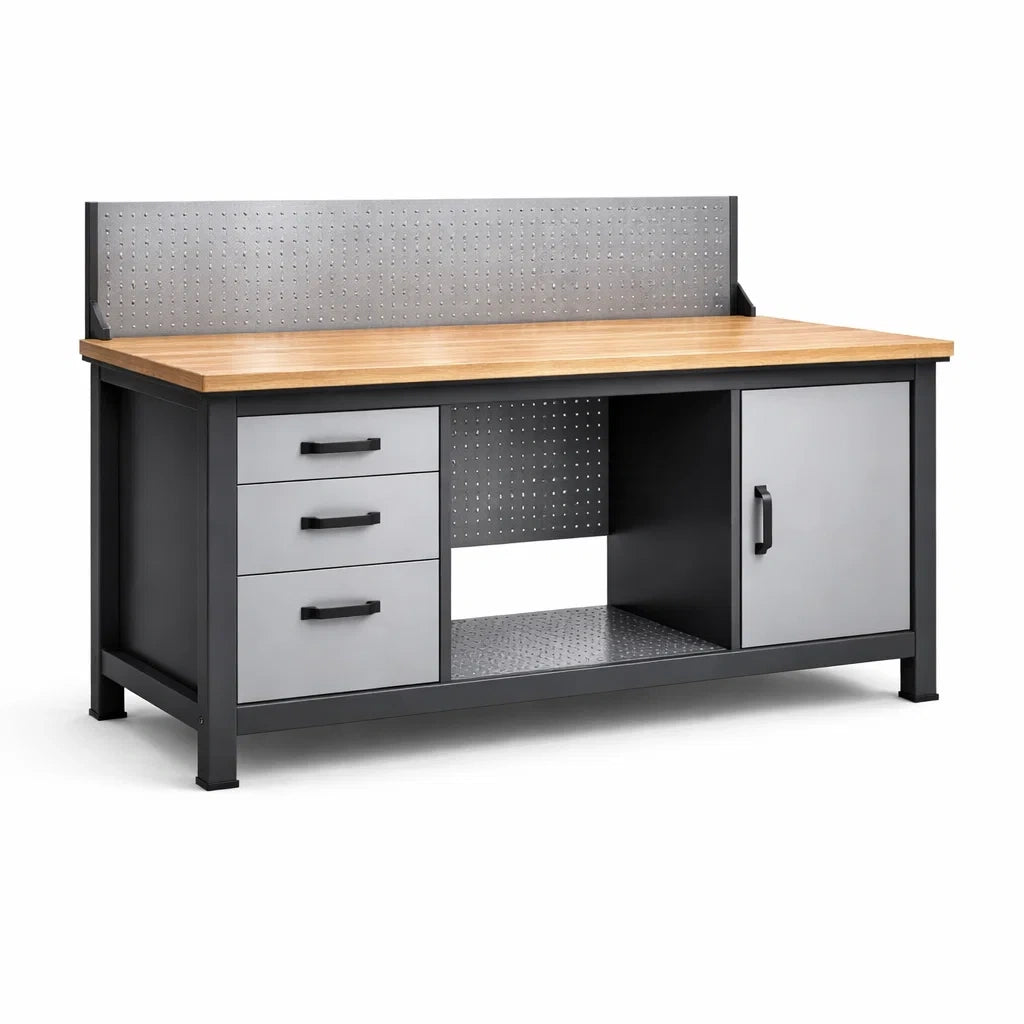 Stahl-Werkbank mit Eichenholzplatte und Stauraum 180cm