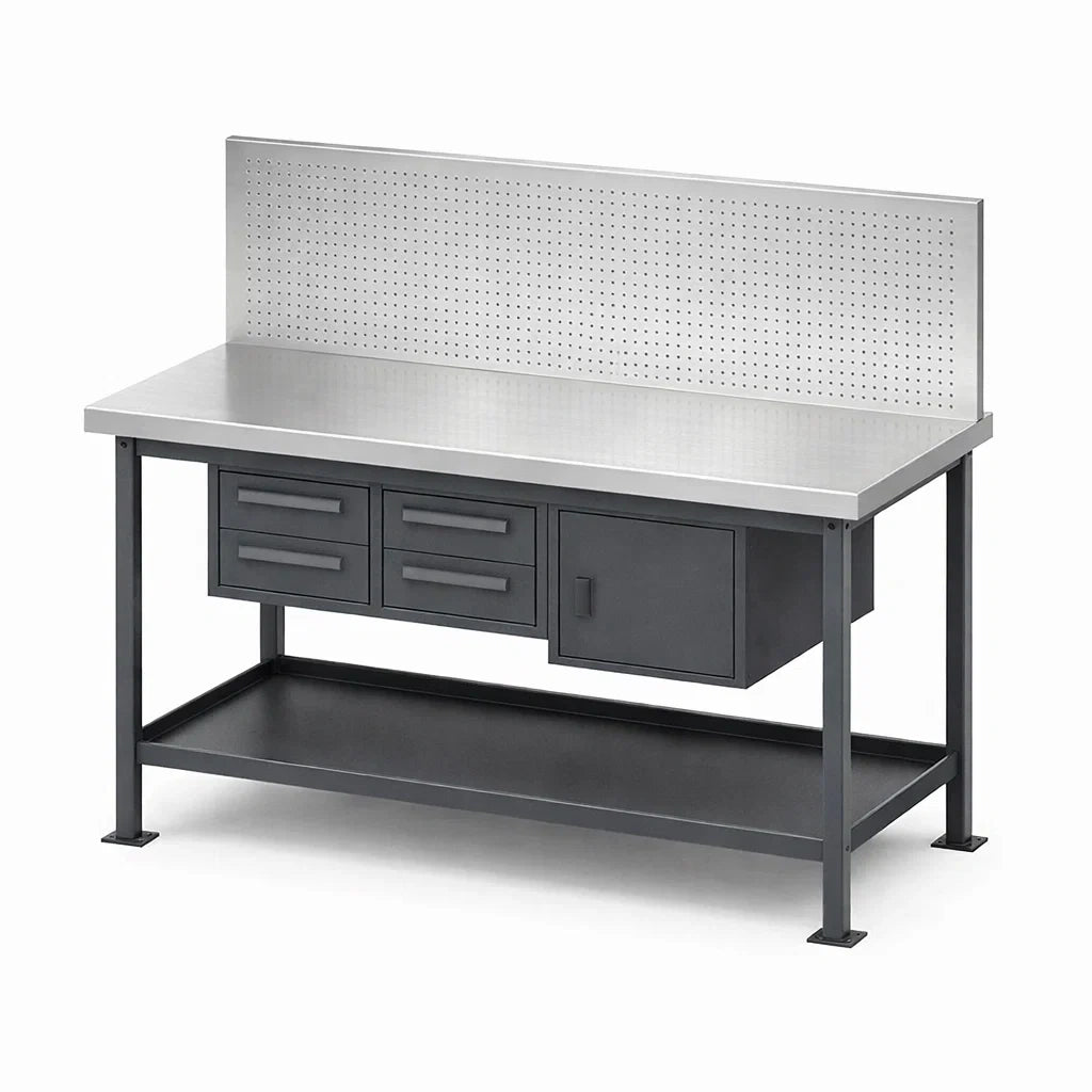 Metallwerkbank mit Edelstahlplatte und Lochplatte 120x60x85 cm