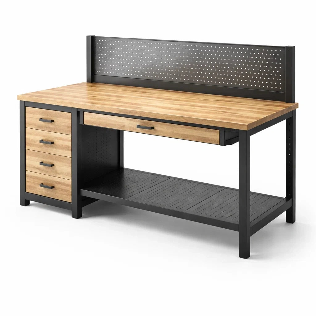 Werkbank aus Holz und Metall mit Schubladen und Arbeitsplatte 150x60x90 cm