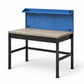 Werkbank mit Metallgestell und Holzplatte, Blau