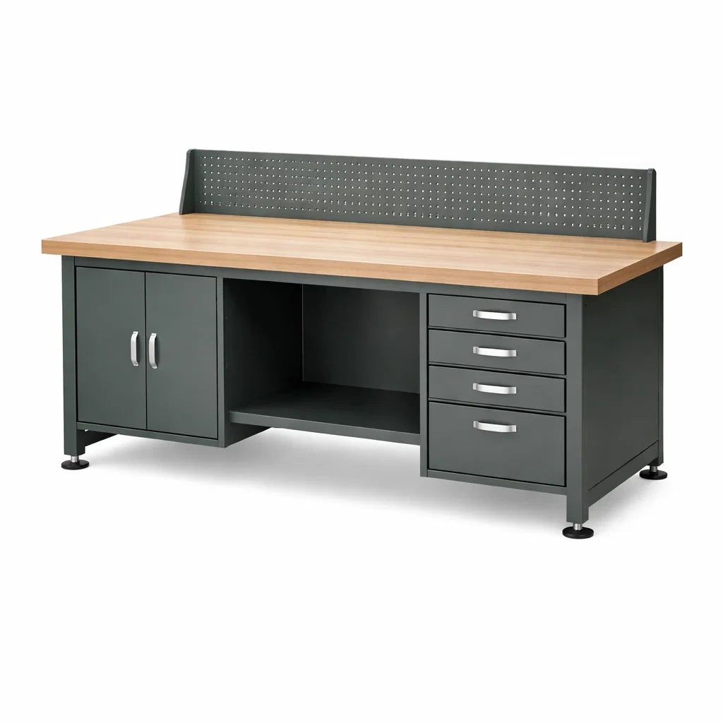 Werkbank aus Holz und Stahl mit Stauraum, Grau