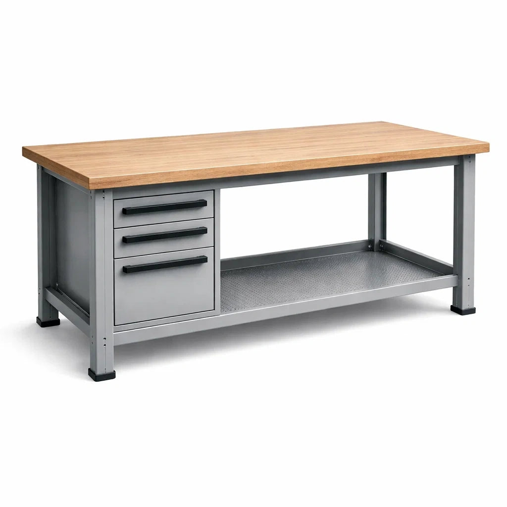 Werkbank mit Eichenholzplatte und Stahlrahmen Grau 200x70x85 cm