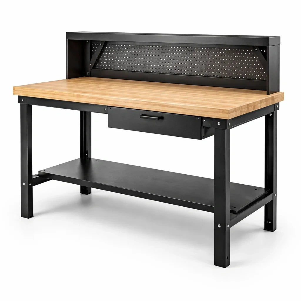 Werkbank aus Holz mit Stahlschublade und Regal 120cm x 60cm x 150cm