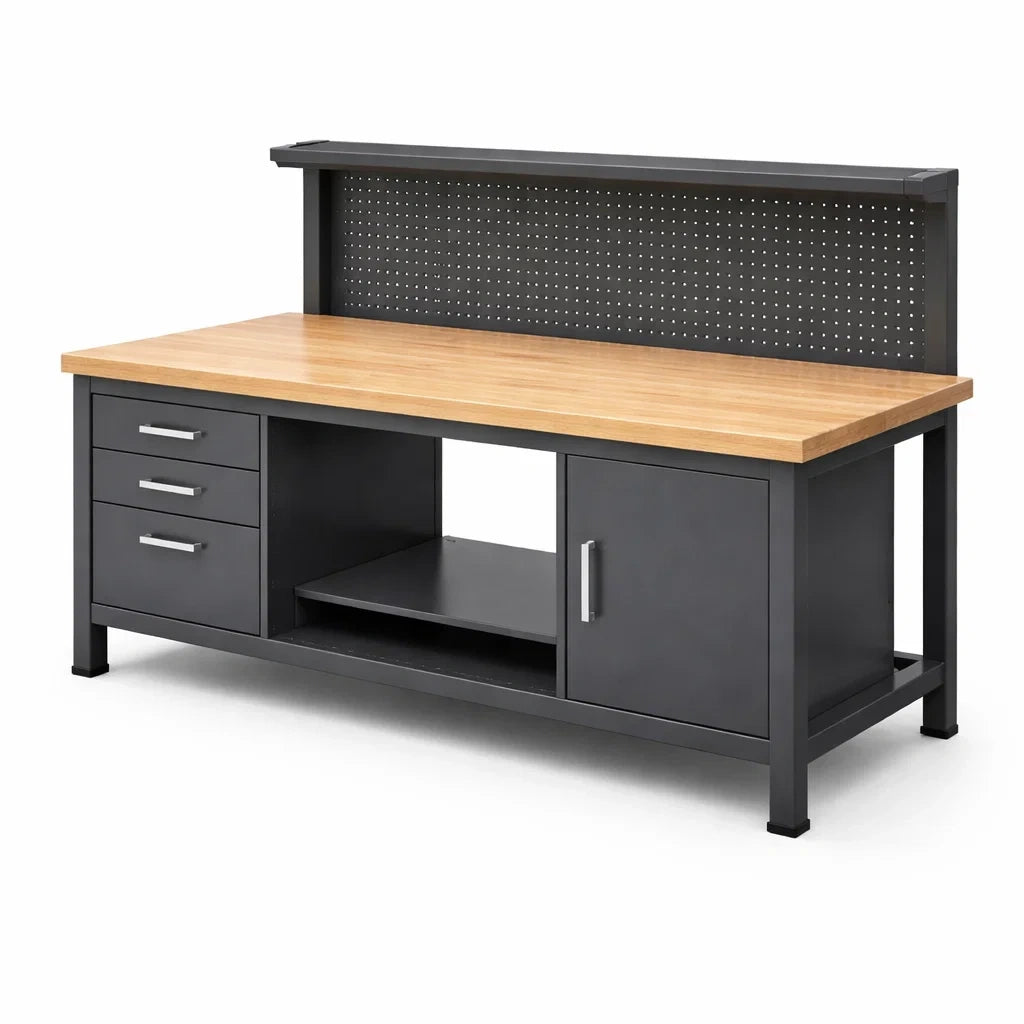 Werkbank mit Stahlrahmen und Massivholzplatte Schwarz 150cm