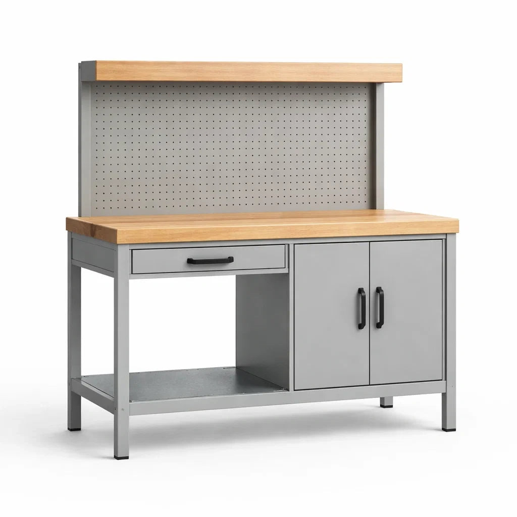 Werkbank aus Stahl mit Kiefermassivholzplatte und Schublade 120x60x155 cm Grau