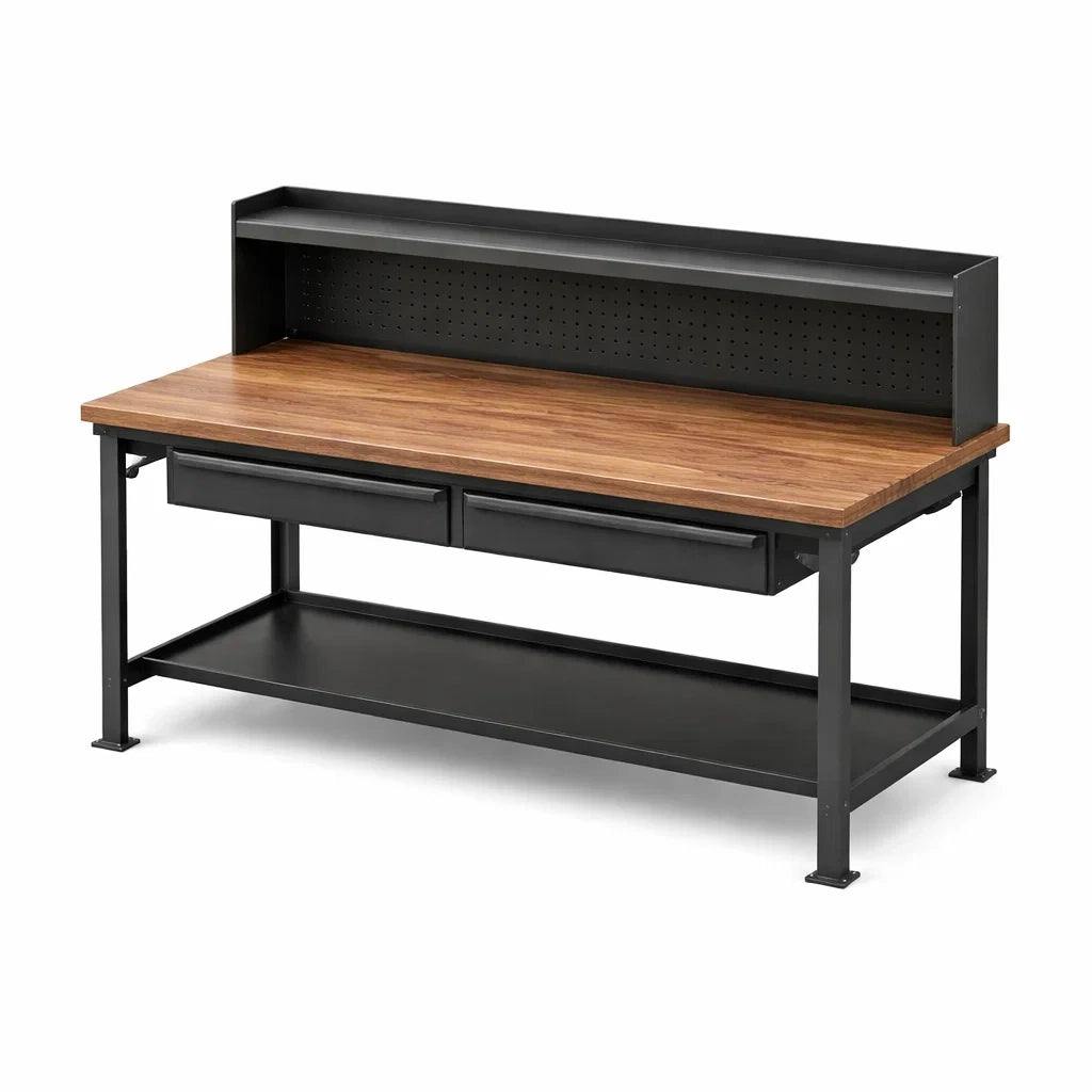 Werkbank aus Holz und Metall mit Regal und Schubladen, Schwarz