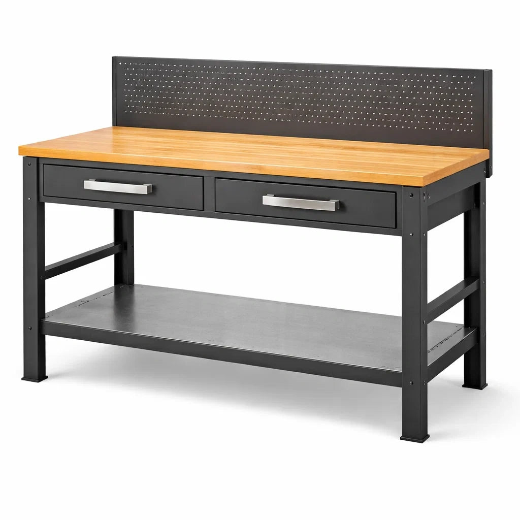 Werkbank mit Holzplatte und Stahlrahmen, 2 Schubladen, 1 Regal