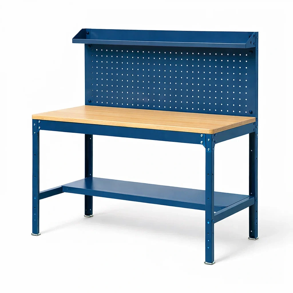 Werkbank Stahl mit Sperrholzplatte Blau 120x60x150cm