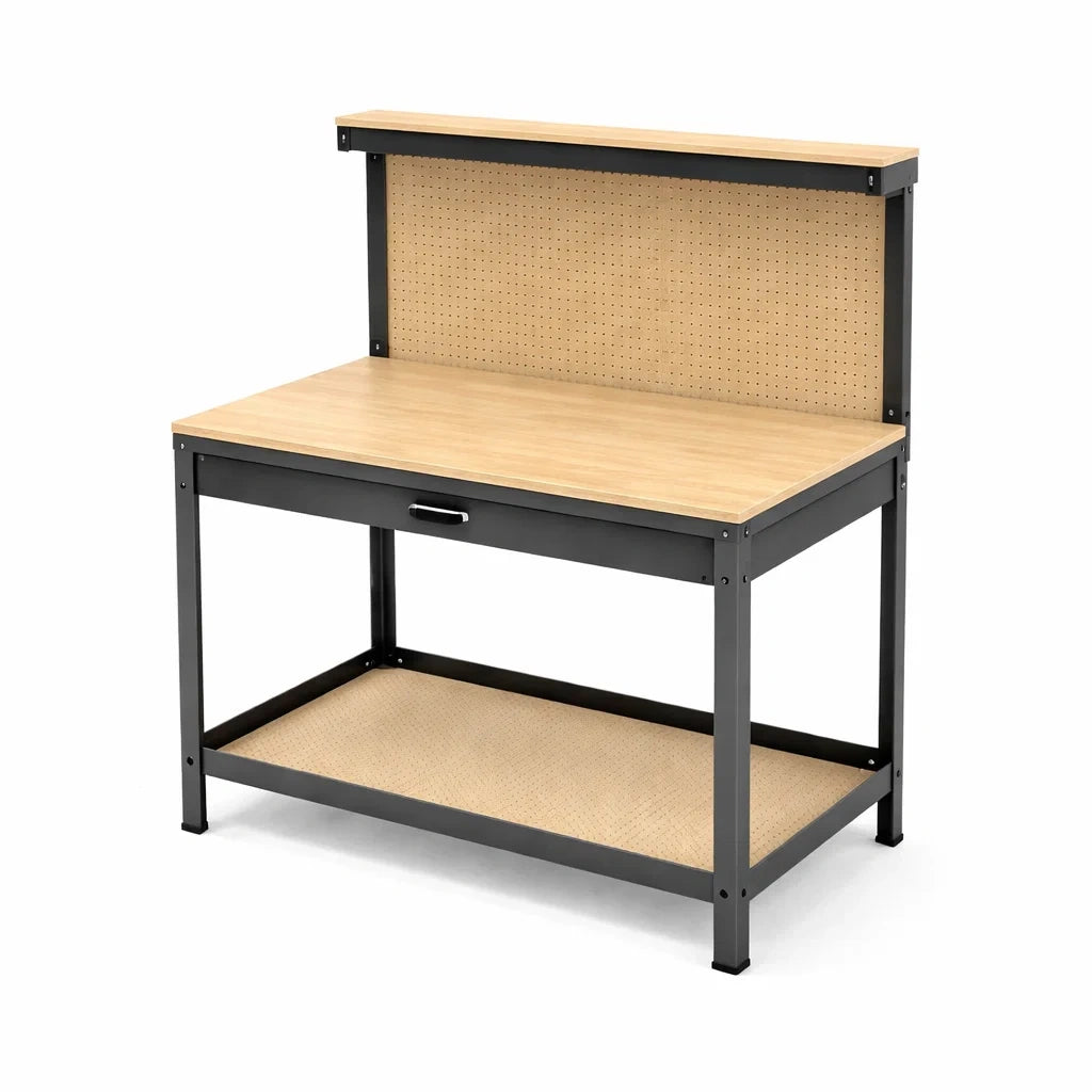 Werkbank aus Holzspanplatte mit Stahlrahmen und Schublade 120x60x155cm