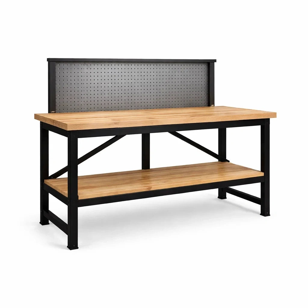 Werkbank mit Metallrahmen und Kiefernholzarbeitsplatte 150x60x92 cm