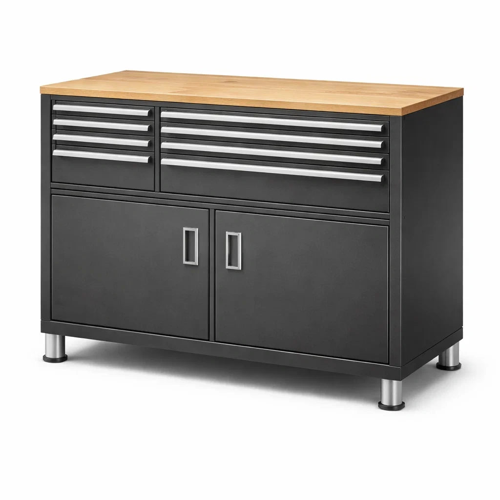 Stahl Werkzeugschrank mit Holzarbeitsplatte Schwarz 100x50x92 cm