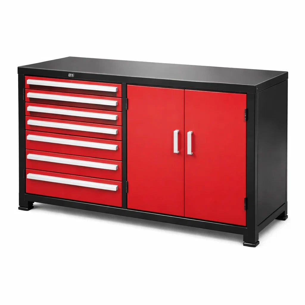 Stahl Werkstattschrank mit 7 Schubladen und 2 Türen Rot/Schwarz 100x60x85 cm