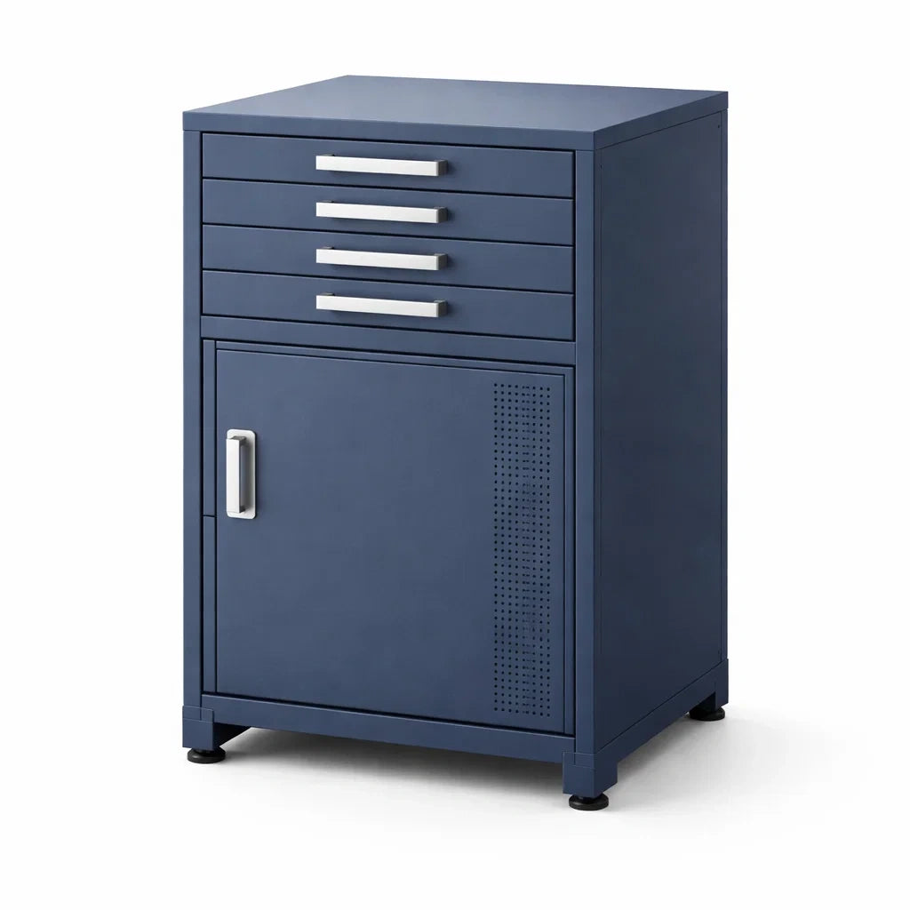 Metallschrank Blau mit 4 Schubladen und 1 Tür
