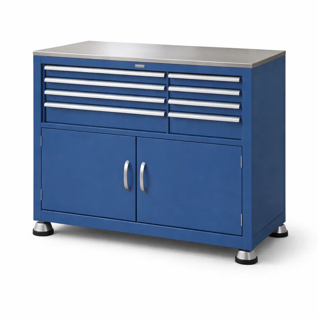 Stahl-Werkzeugschrank mit Schubladen und Türen aus Blauem Metall 90cm