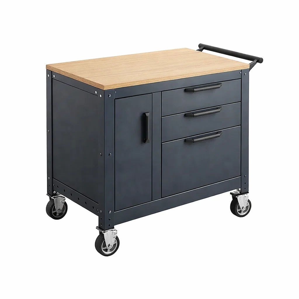 Werkstattwagen aus Stahl mit Massivholzplatte und Rollen 85x45x85 cm