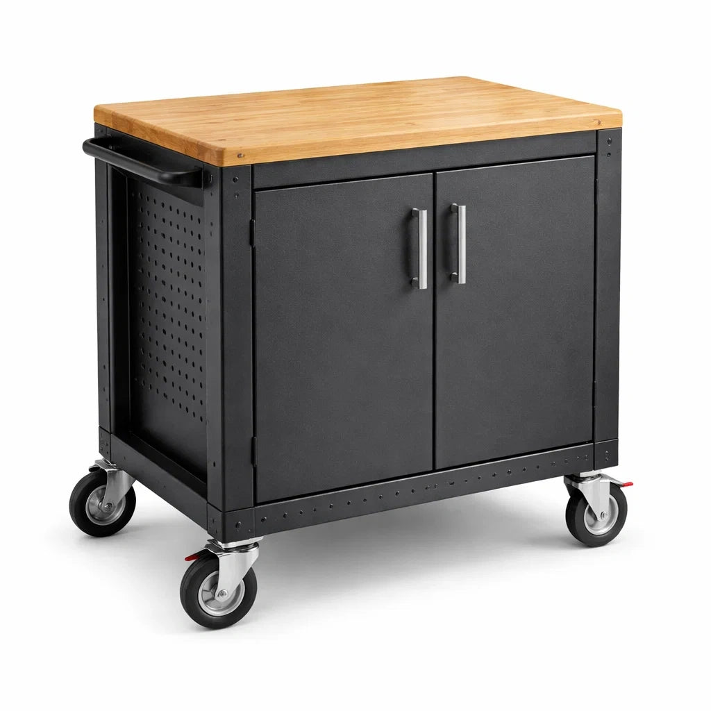Rollbare Metalltheke mit Holzplatte in Schwarz