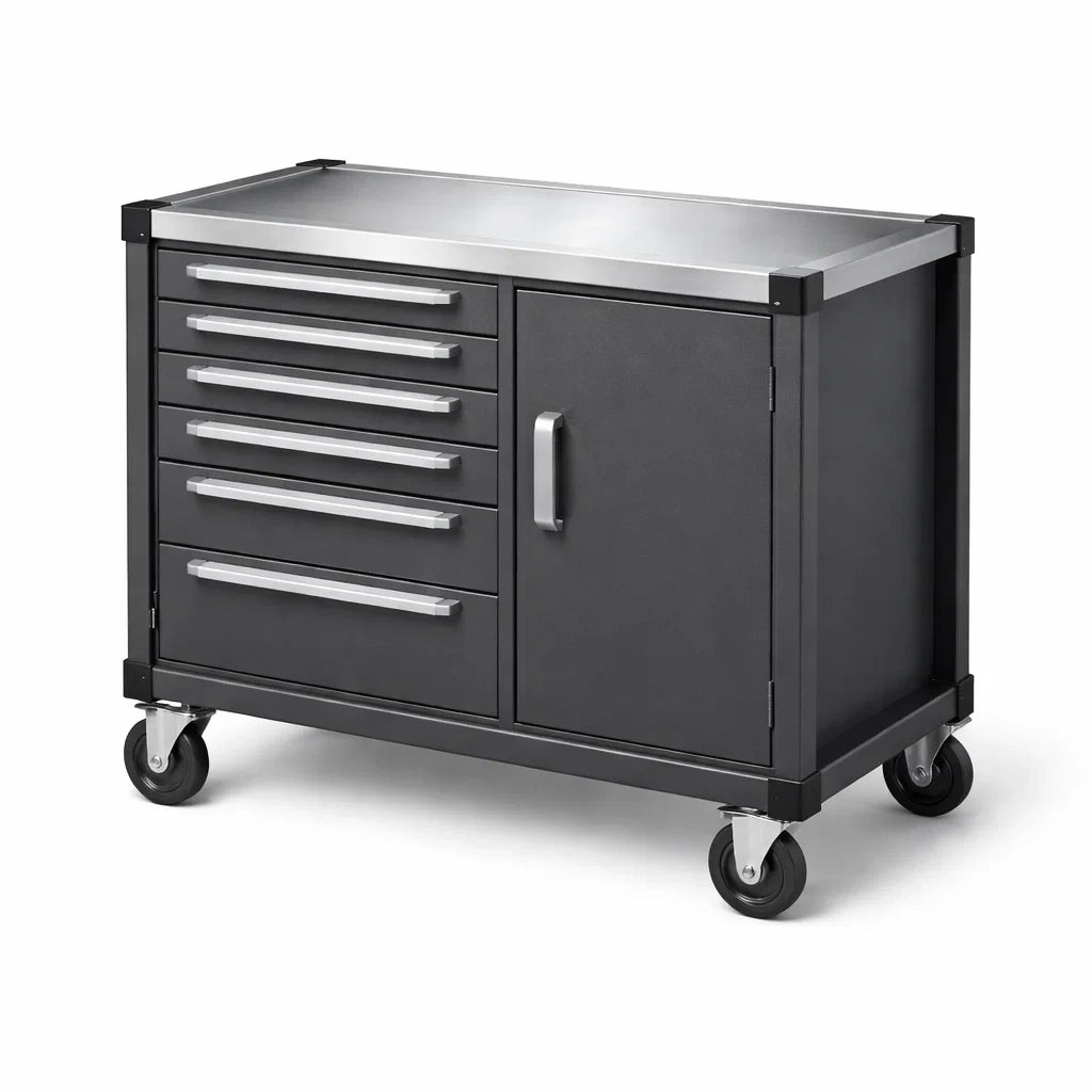Werkzeugwagen aus Metall mit 6 Schubladen und Schrank, Schwarz