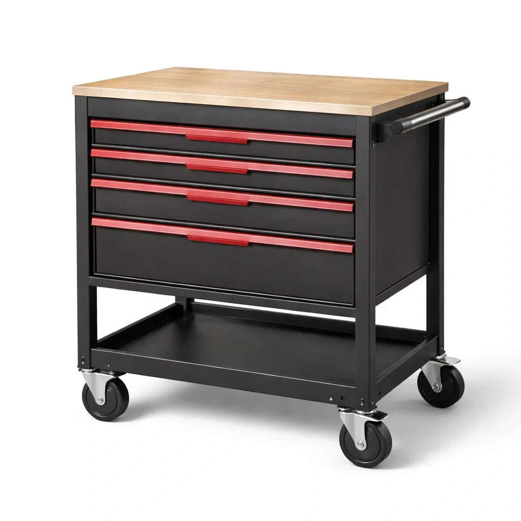 Werkzeugwagen mit 4 Schubladen, Metall, Schwarz/Rot