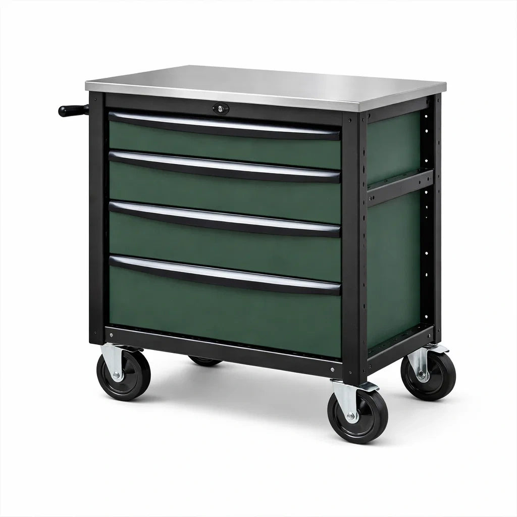 Metall Werkzeugwagen mit Rollen Grün Schwarz, 4 Schubladen, Edelstahl-Arbeitsfläche, 90 cm hoch
