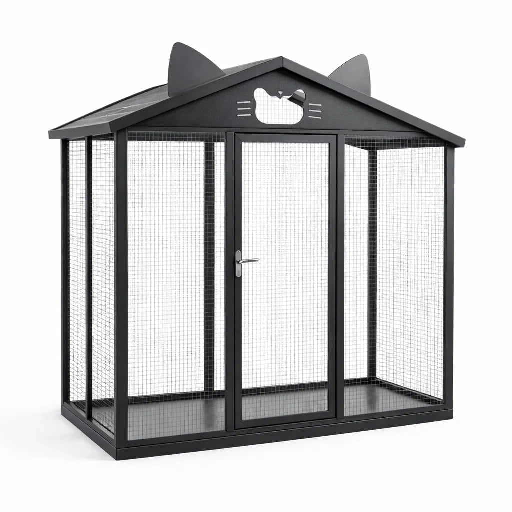 Metall-Katzengehege mit Stahlgitter und Tür Schwarz 200 x 120 x 180 cm