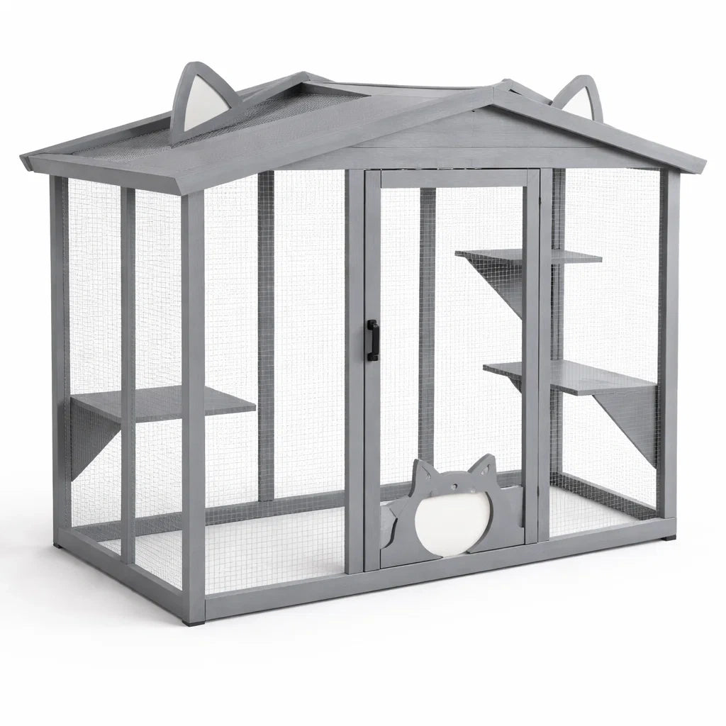 Katzengehege aus Tannenholz und Metallgitter Grau
