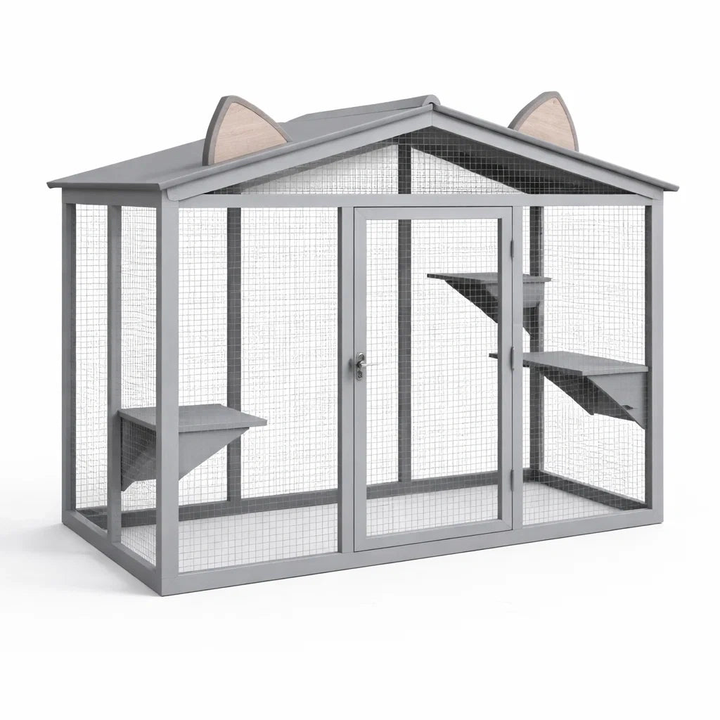 Katzengehege aus Holz mit Metallgitter Grau