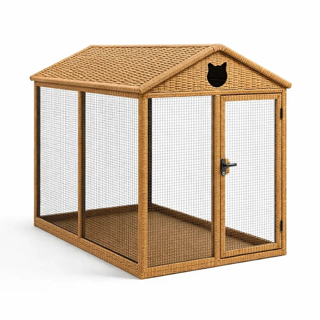 Katzengehege Polyethylen Rattan Stahl Braun 100x75x90cm