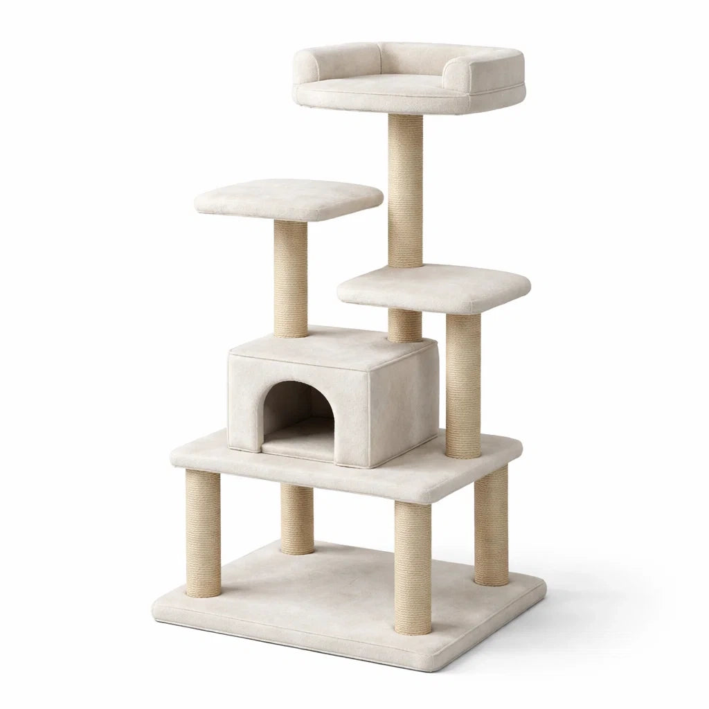 Kletterbaum für Katzen Beige MDF-Platte Polyesterplüsch Sisal 145 cm