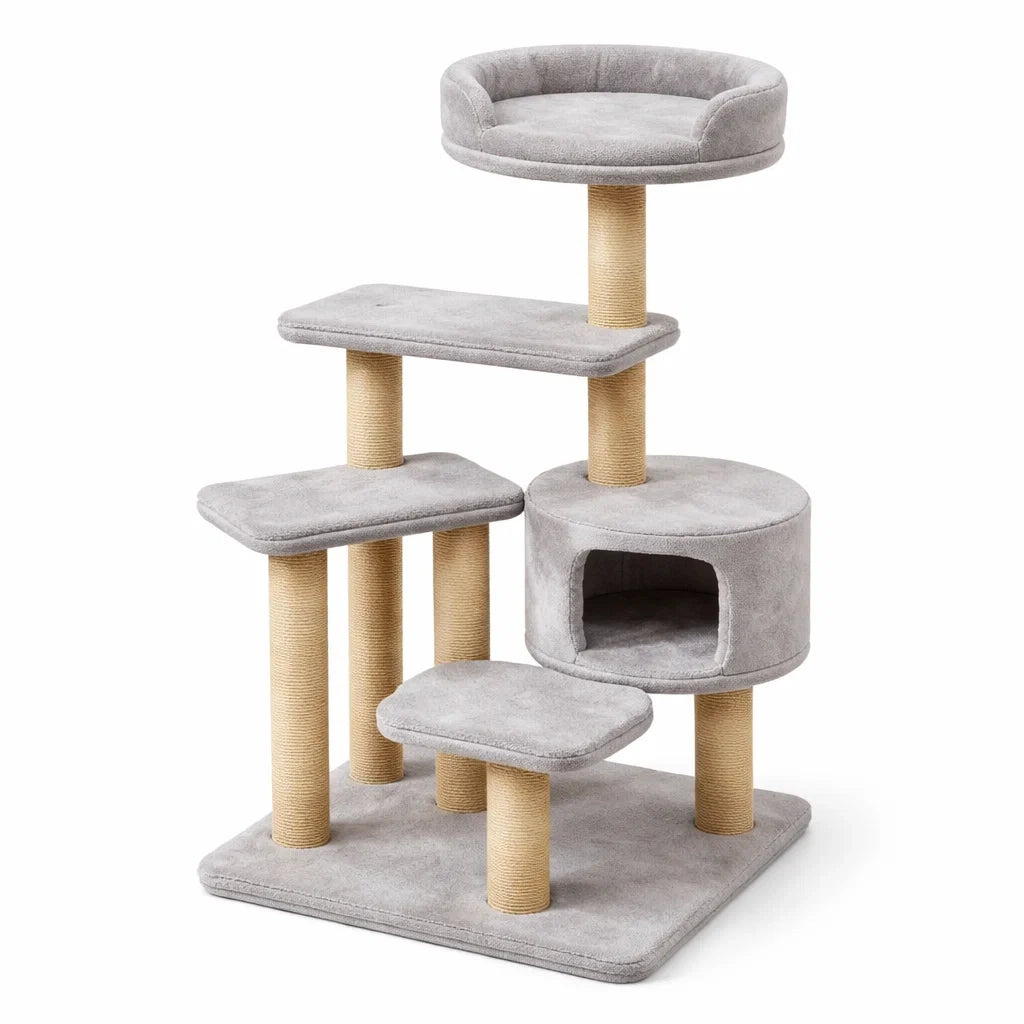 Katzenbaum aus Sisal und Plüsch Grau 55x45x120 cm