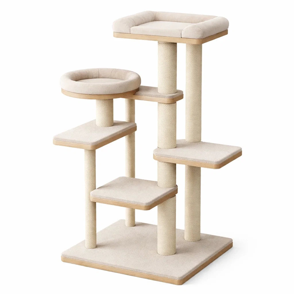 Katzenbaum aus MDF, Baumwolle und Sisal, Beige, 140 cm