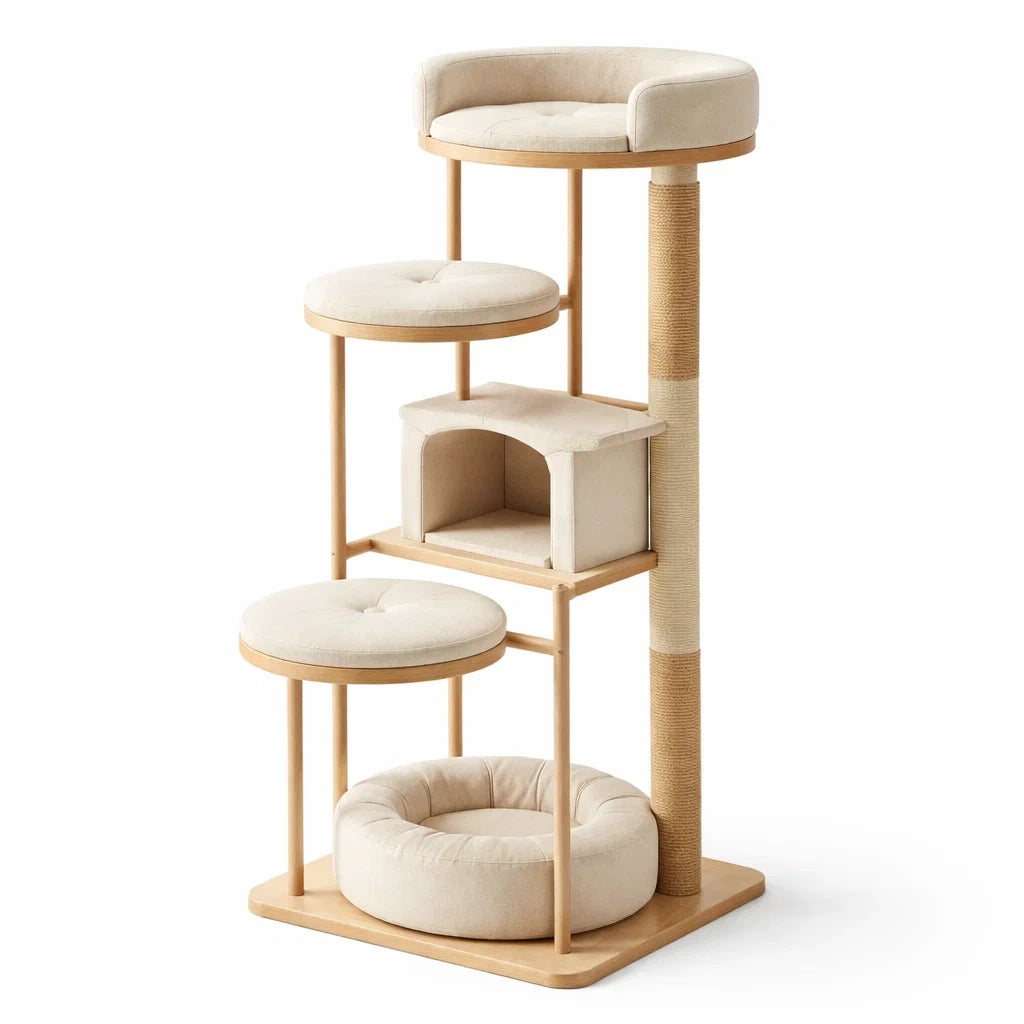 Katzen-Kletterbaum aus Holz und Leinen, Beige