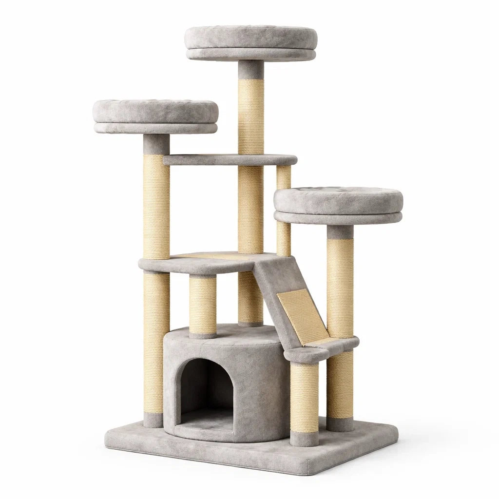 Katzenkratzbaum aus Sisal und Plüsch Grau 5 Ebenen
