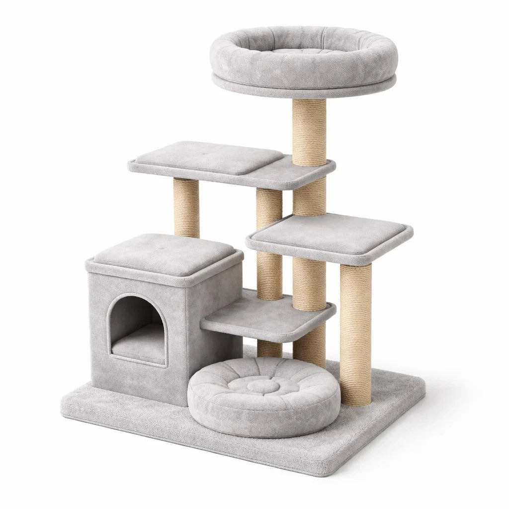 Katzenbaum aus MDF mit Sisal und Plüsch in Hellgrau