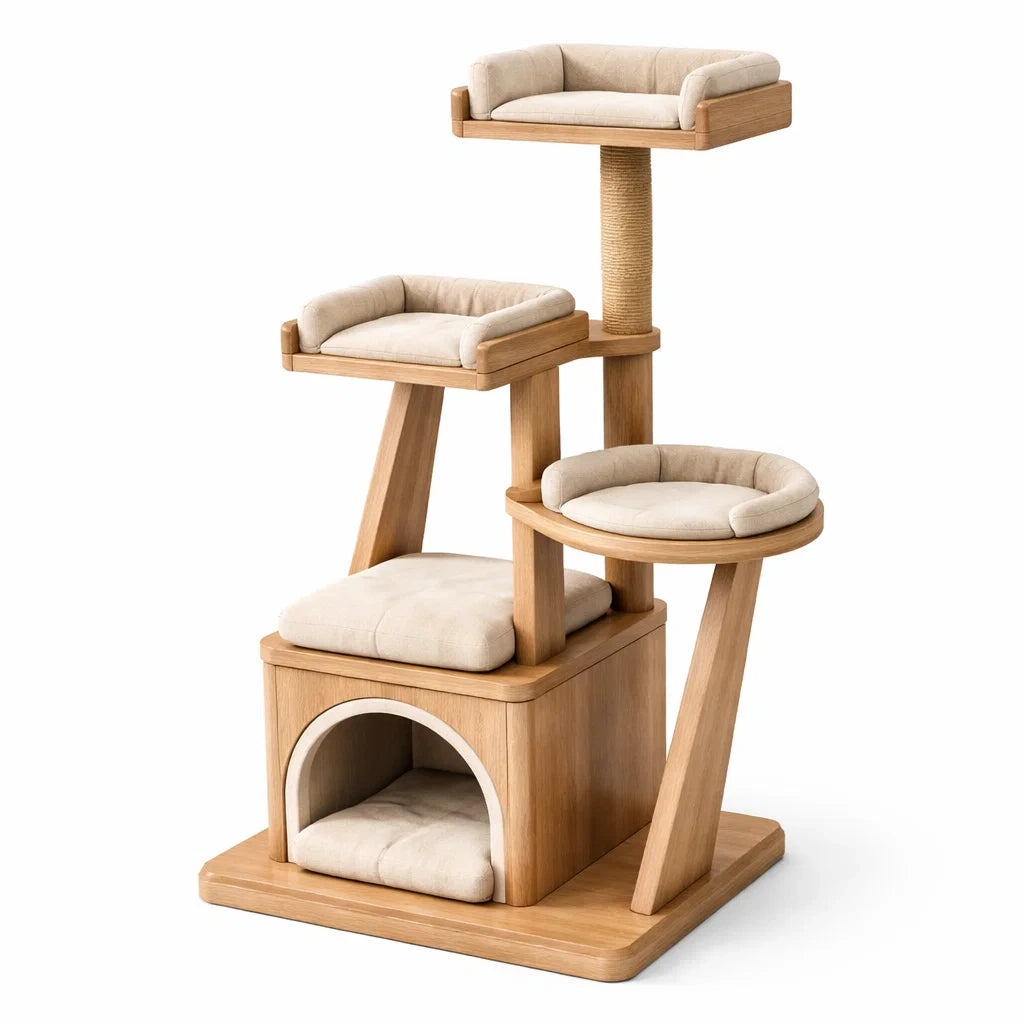 Katzenbaum aus Holz mit Sisal und Leinenpolster, Natur