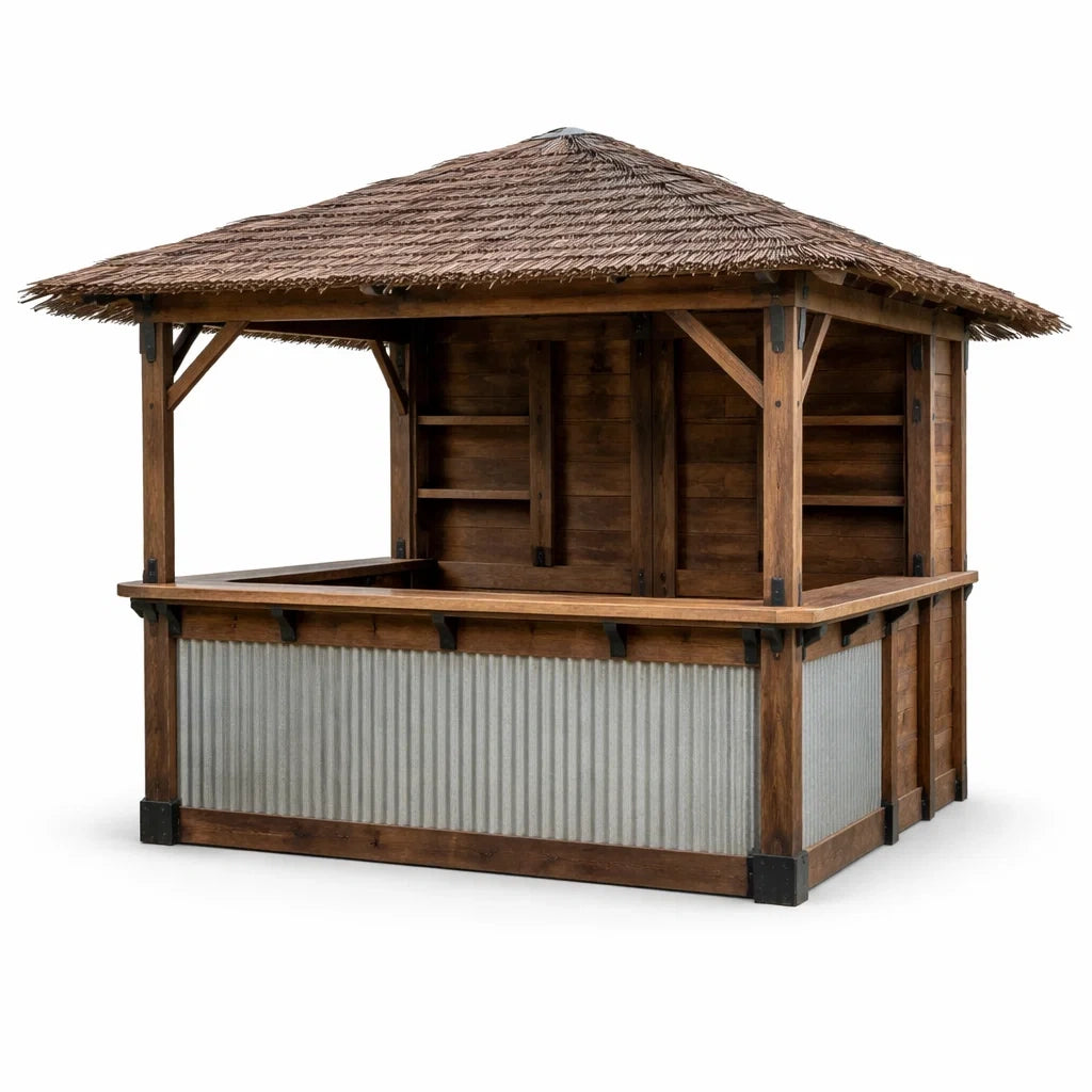 Holz- und Metall-Gartenbar mit Strohdach