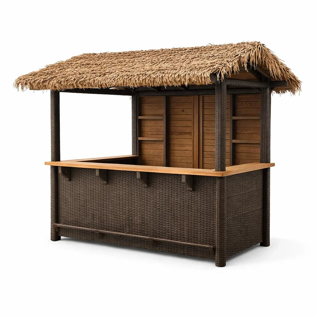 Tiki Bar aus PE-Rattan mit Strohdach und Holzplatte