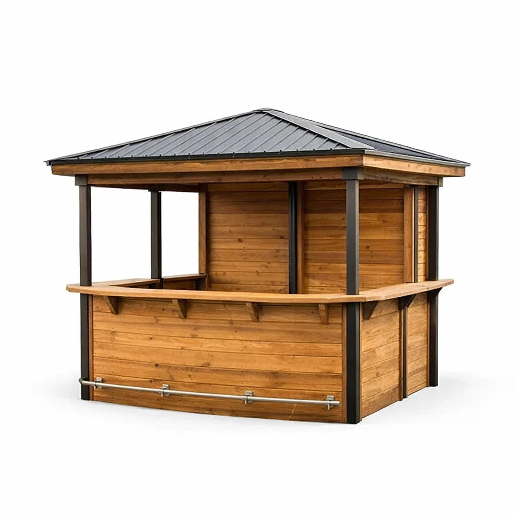 Holzkiosk mit Stahlrahmen und Dach