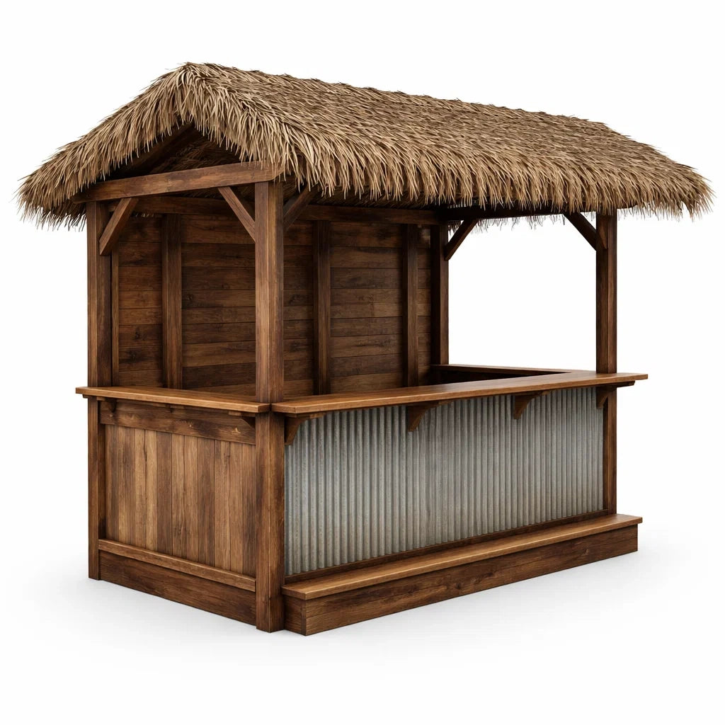 Holz Tiki Bar aus Kiefernholz und Metall mit Strohdach 200x150x220cm