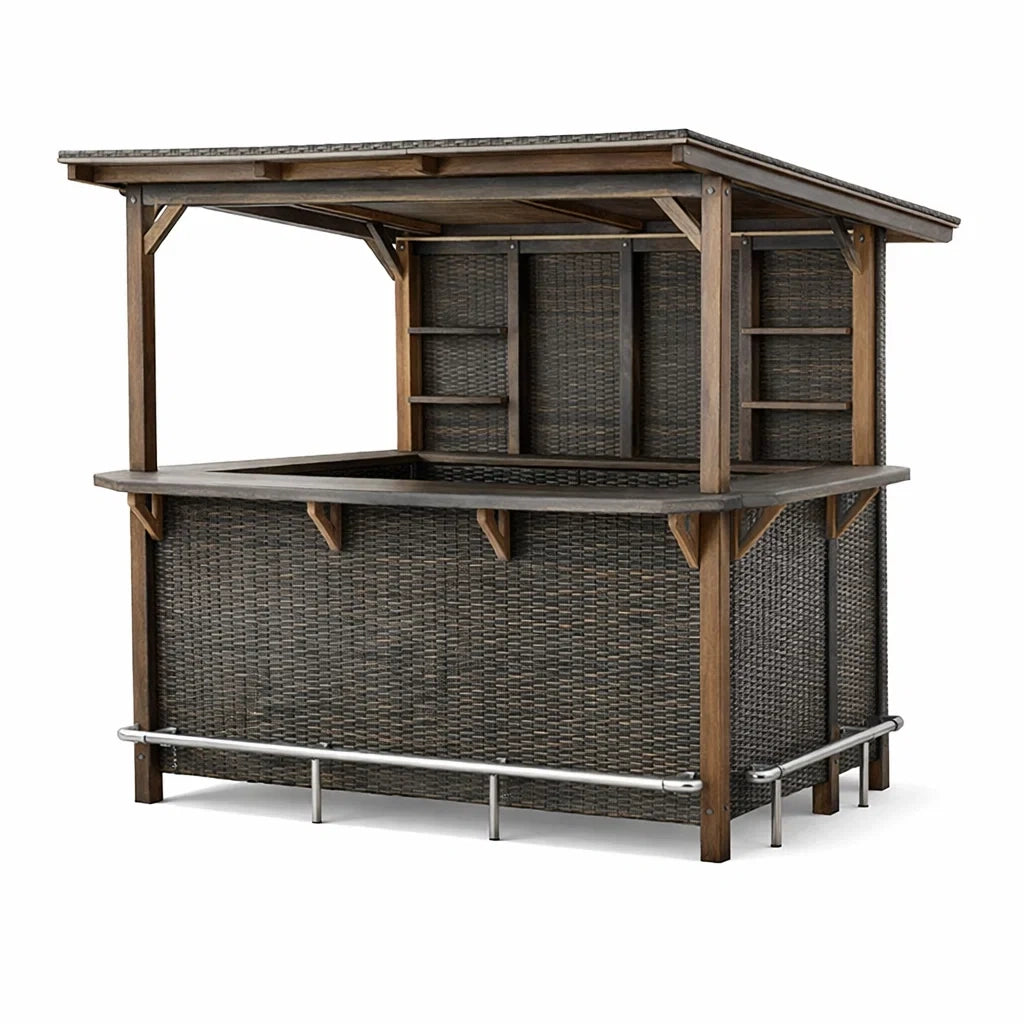 Outdoor-Bar mit Teakholzrahmen und Rattan-Geflecht in Braun