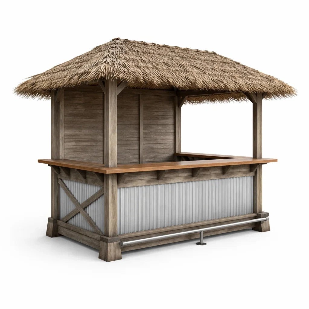 Tiki Bar Theke aus Holz mit Palmstrohdach 200x100x220 cm