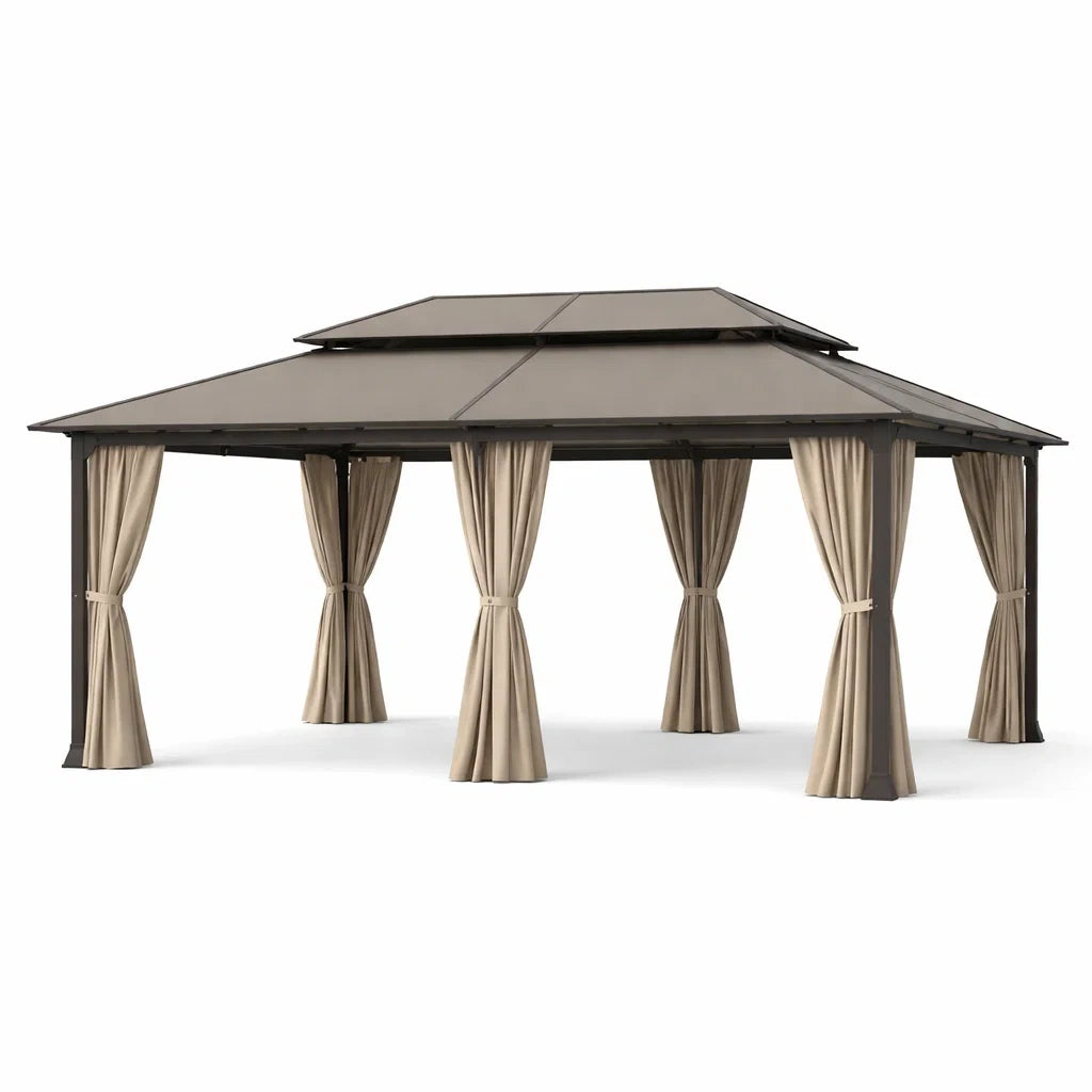 Aluminium Pavillon mit Polycarbonat-Dach und Polyester-Vorhängen Beige 400 cm x 300 cm