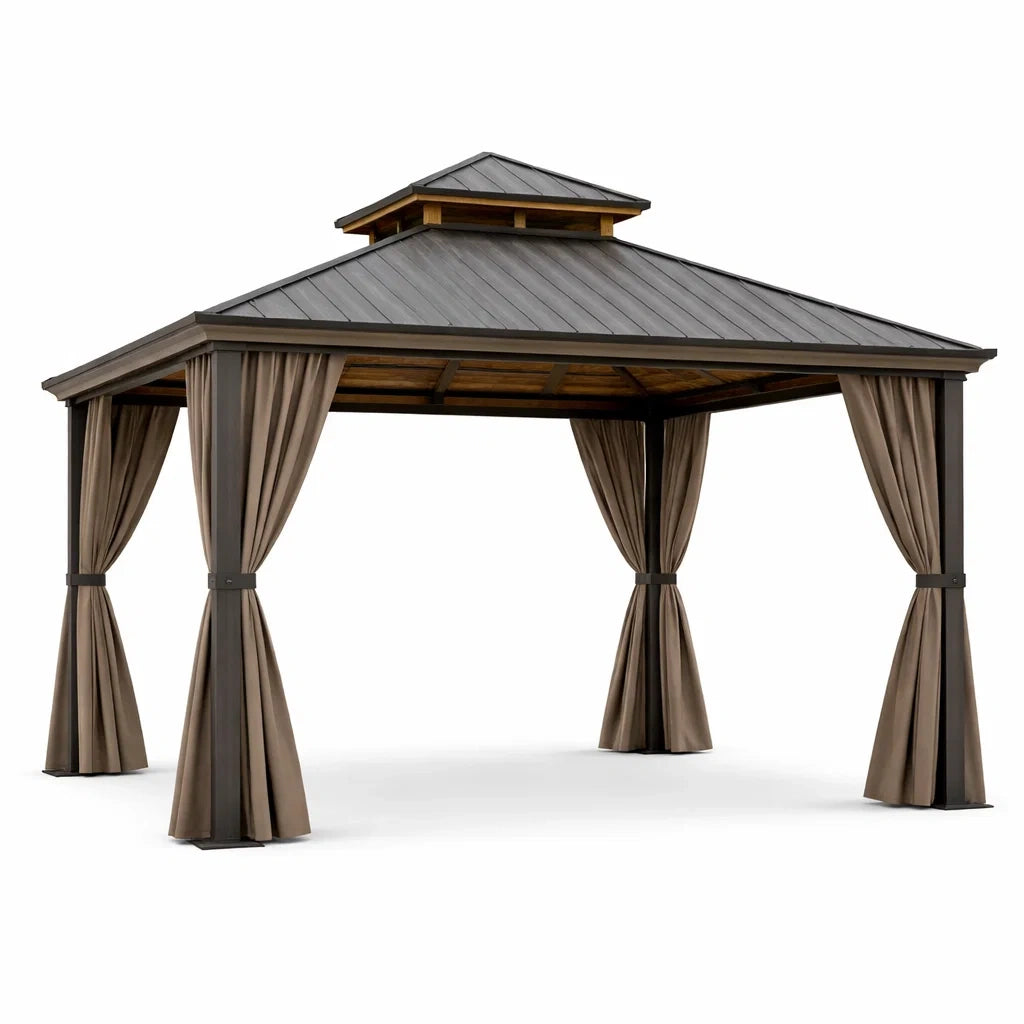 Gartenpavillon aus Aluminium mit Stahl-Dach und Polyester-Vorhängen Braun 3x4m