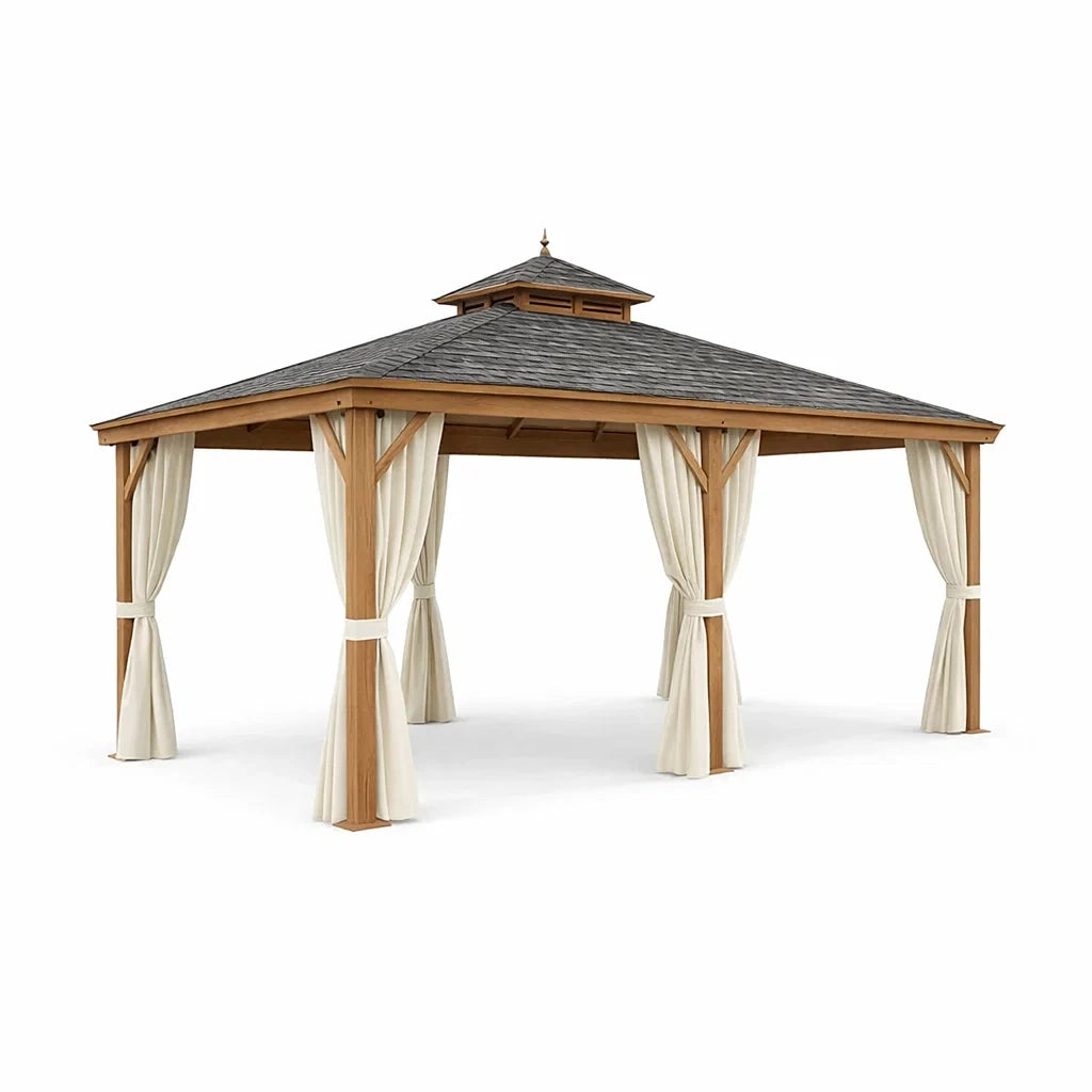 Holzpavillon mit Vorhängen aus Polyester und Bitumendach 400x300x350 cm