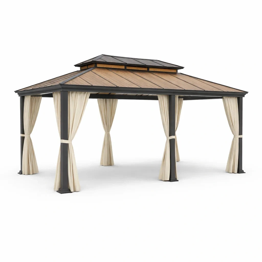 Pavillon aus Aluminium und Stahl in Dunkelgrau/Beige mit Vorhängen 400x300 cm