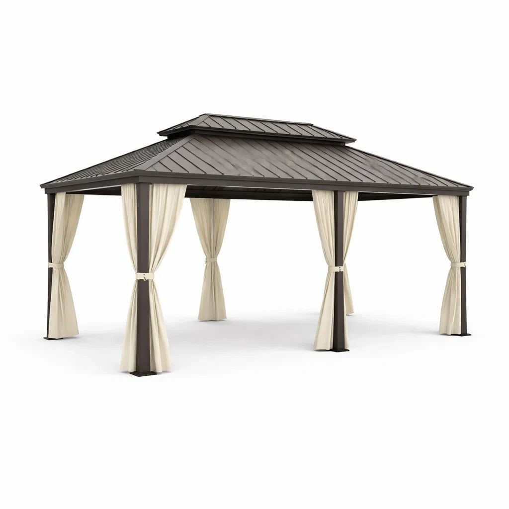 Gartenpavillon Aluminiumrahmen Stahldach Polyester Vorhänge Dunkelgrau Creme 400x300x275cm
