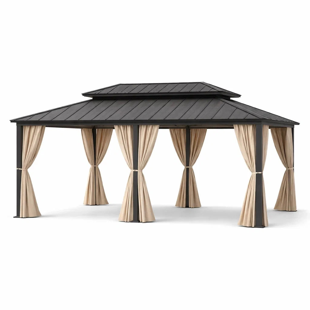 Aluminium Pavillon mit Stahldach und Polyester Vorhängen dunkelgrau/beige 400x300x280cm