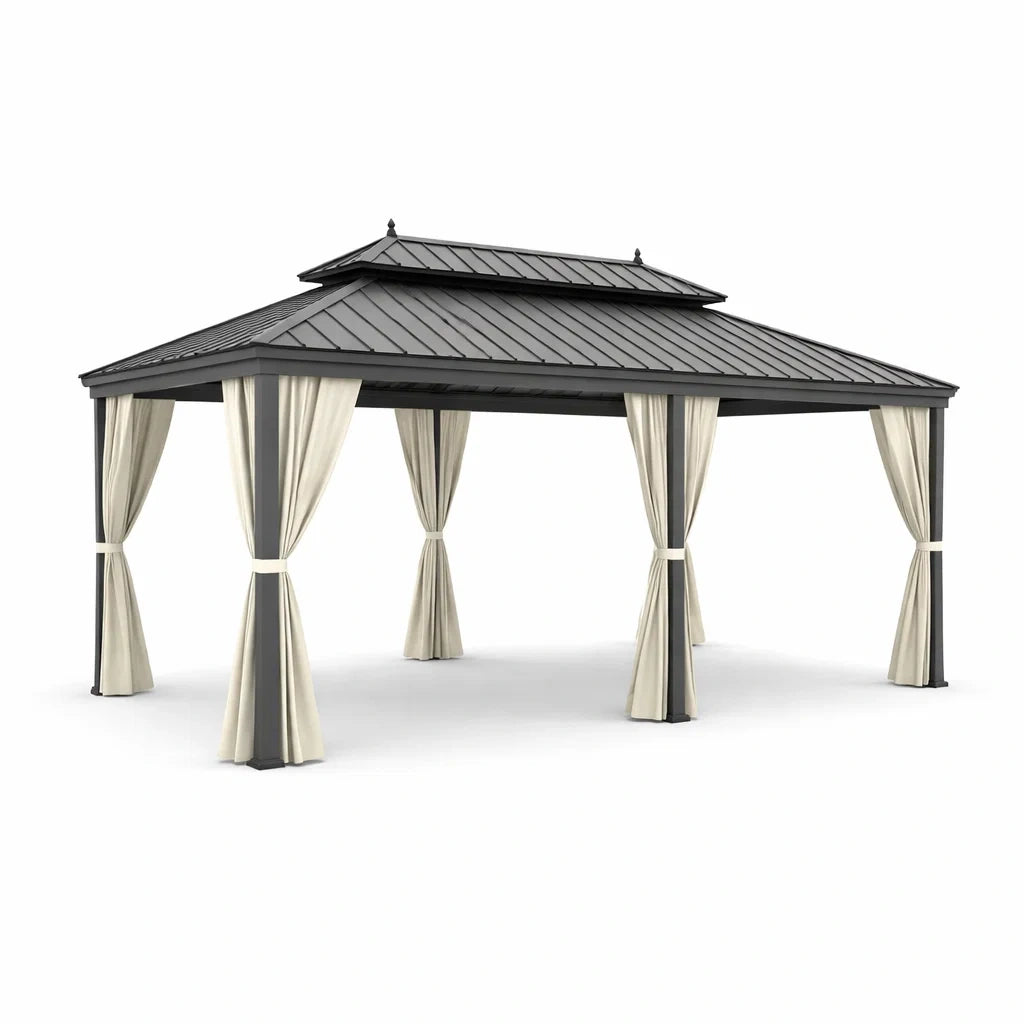 Aluminium Gartenpavillon mit Polyester Vorhängen, 430 x 300 cm, Schwarz/Beige