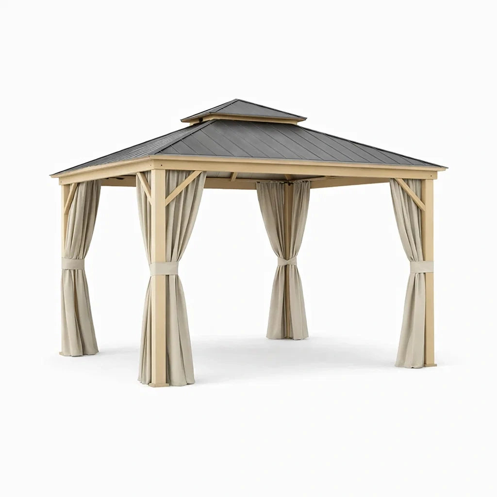 Pavillon Aluminium Holzoptik Polycarbonat Dach Beige Vorhänge
