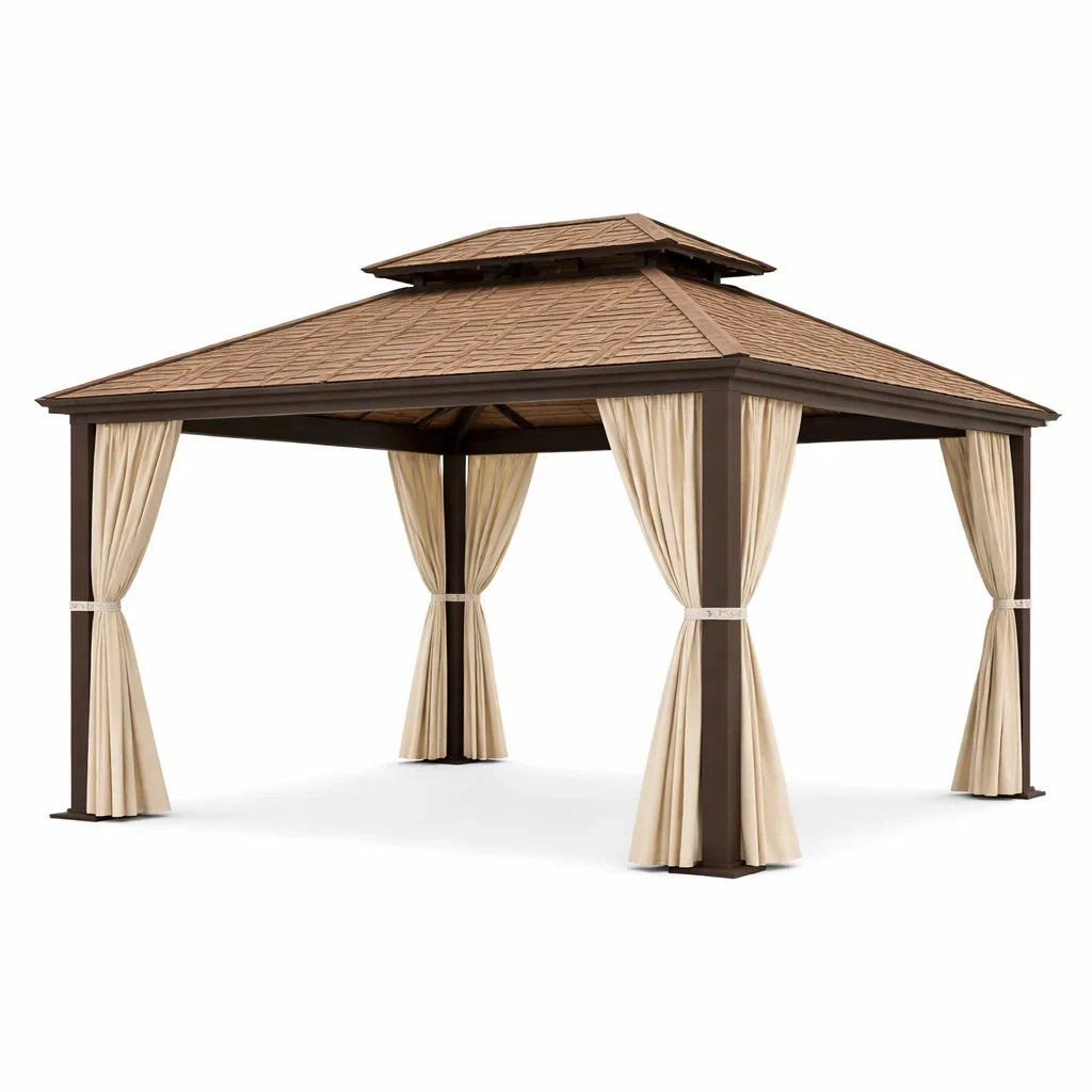 Metall Pavillon mit Polyestervorhängen Beige 300x400 cm
