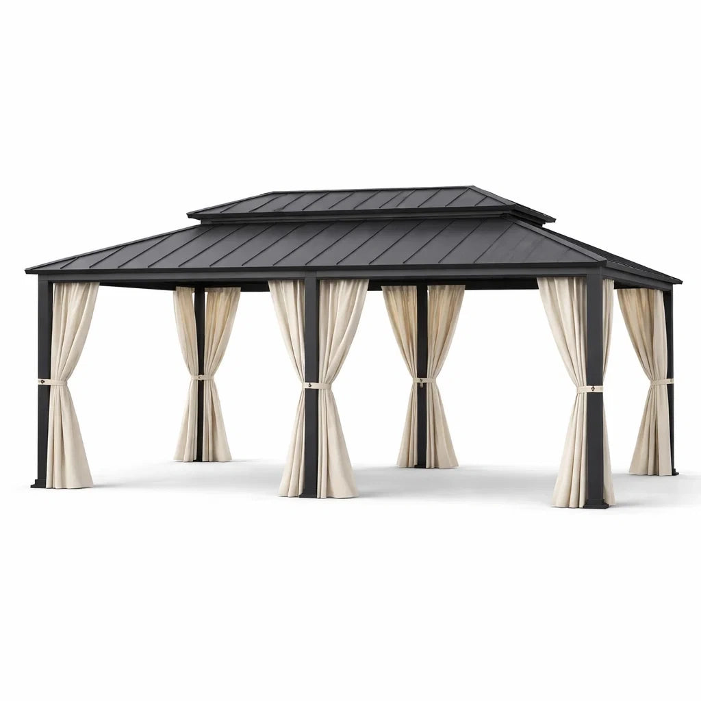 Pavillon aus Stahl mit Polyester-Vorhängen, Schwarz